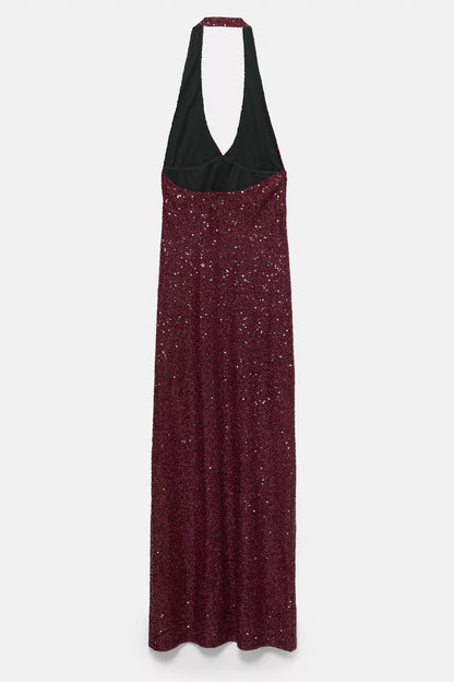 Burgundy Sequin Halter Maxi Dress