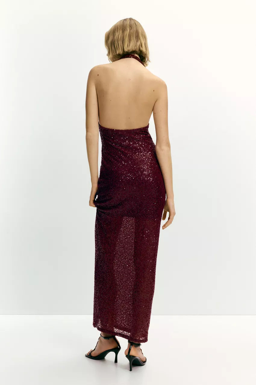 Burgundy Sequin Halter Maxi Dress
