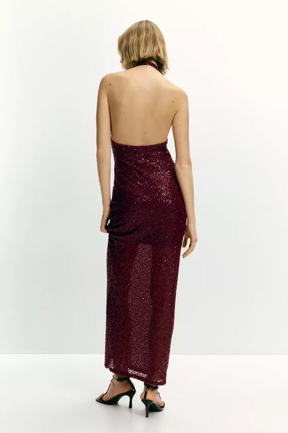 Burgundy Sequin Halter Maxi Dress