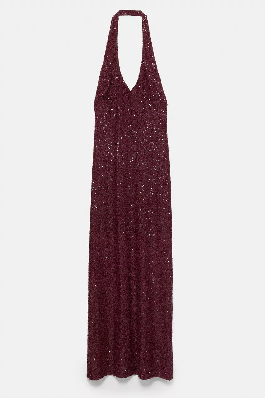 Burgundy Sequin Halter Maxi Dress