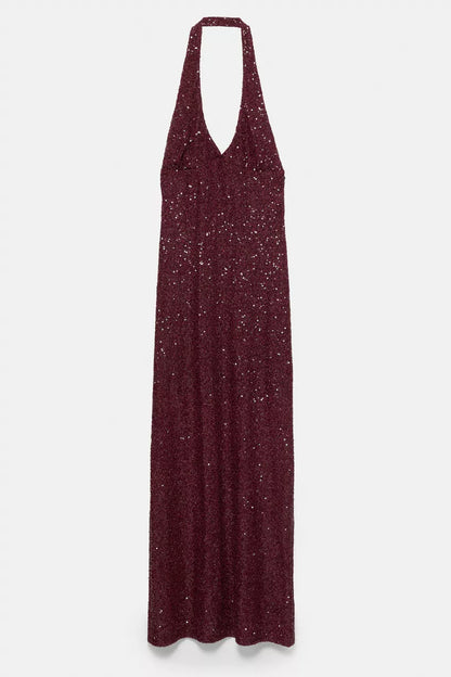 Burgundy Sequin Halter Maxi Dress