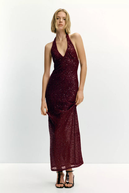 Burgundy Sequin Halter Maxi Dress