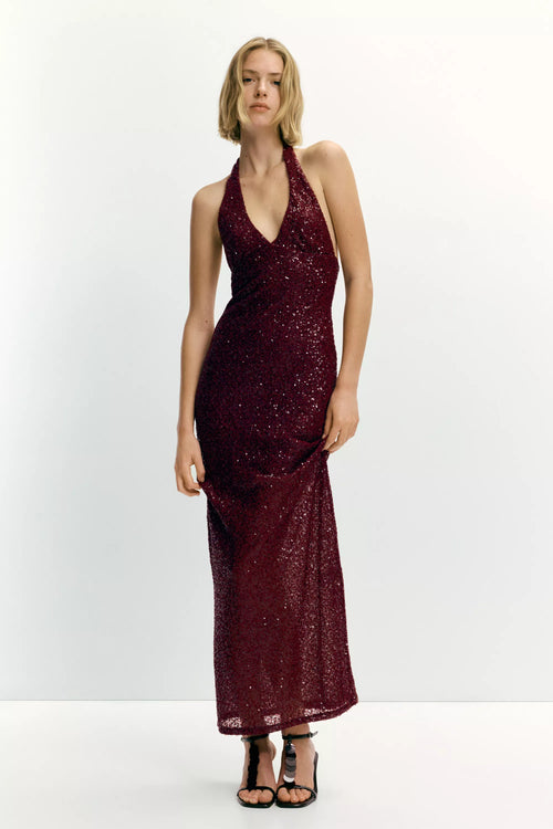 Burgundy Sequin Halter Maxi Dress