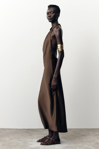 Halter Neck Satin Midi Dress