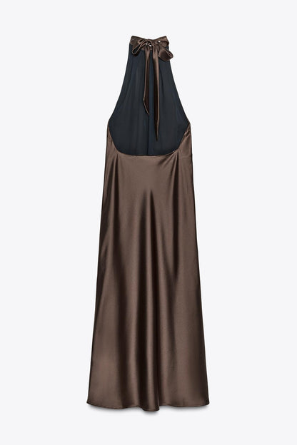 Halter Neck Satin Midi Dress