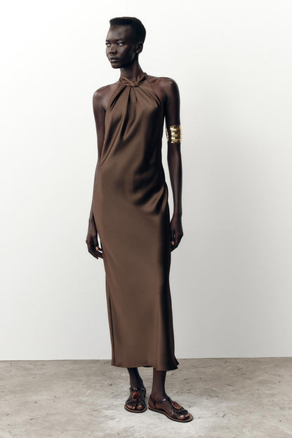 Halter Neck Satin Midi Dress