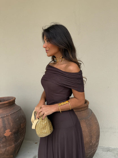 MESH MAXI DRESS BROWN