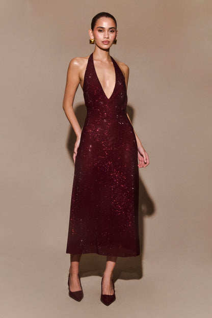 Sequin Halter Backless Midi Dress