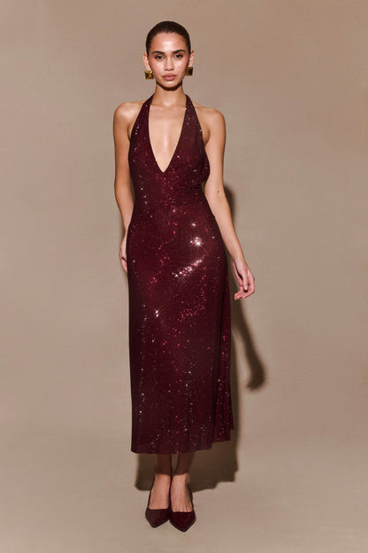 Sequin Halter Backless Midi Dress