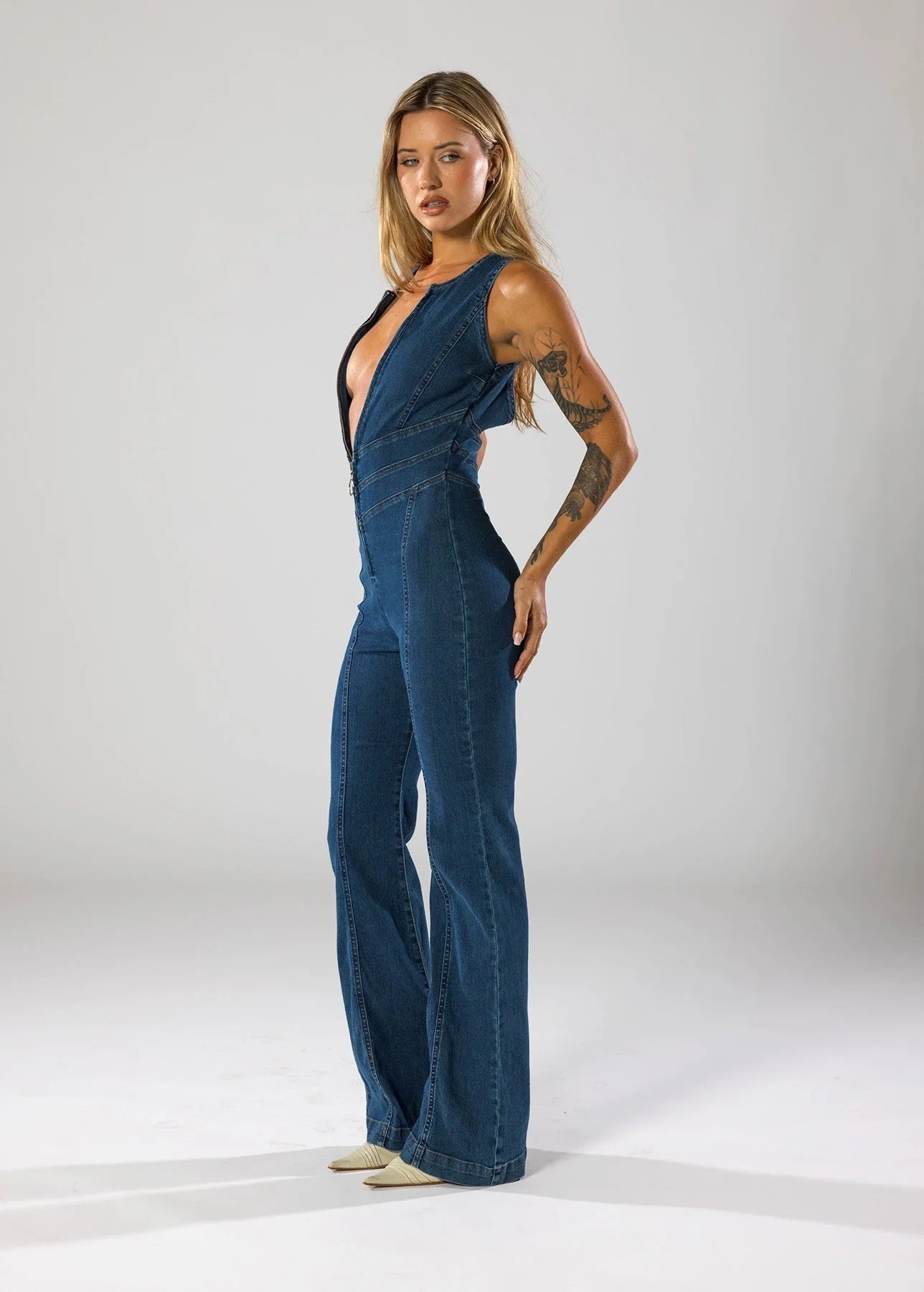 Plunge Neck Denim Jumpsuit