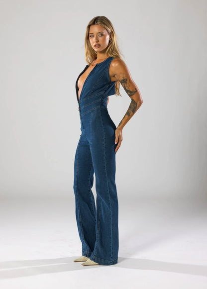 Plunge Neck Denim Jumpsuit