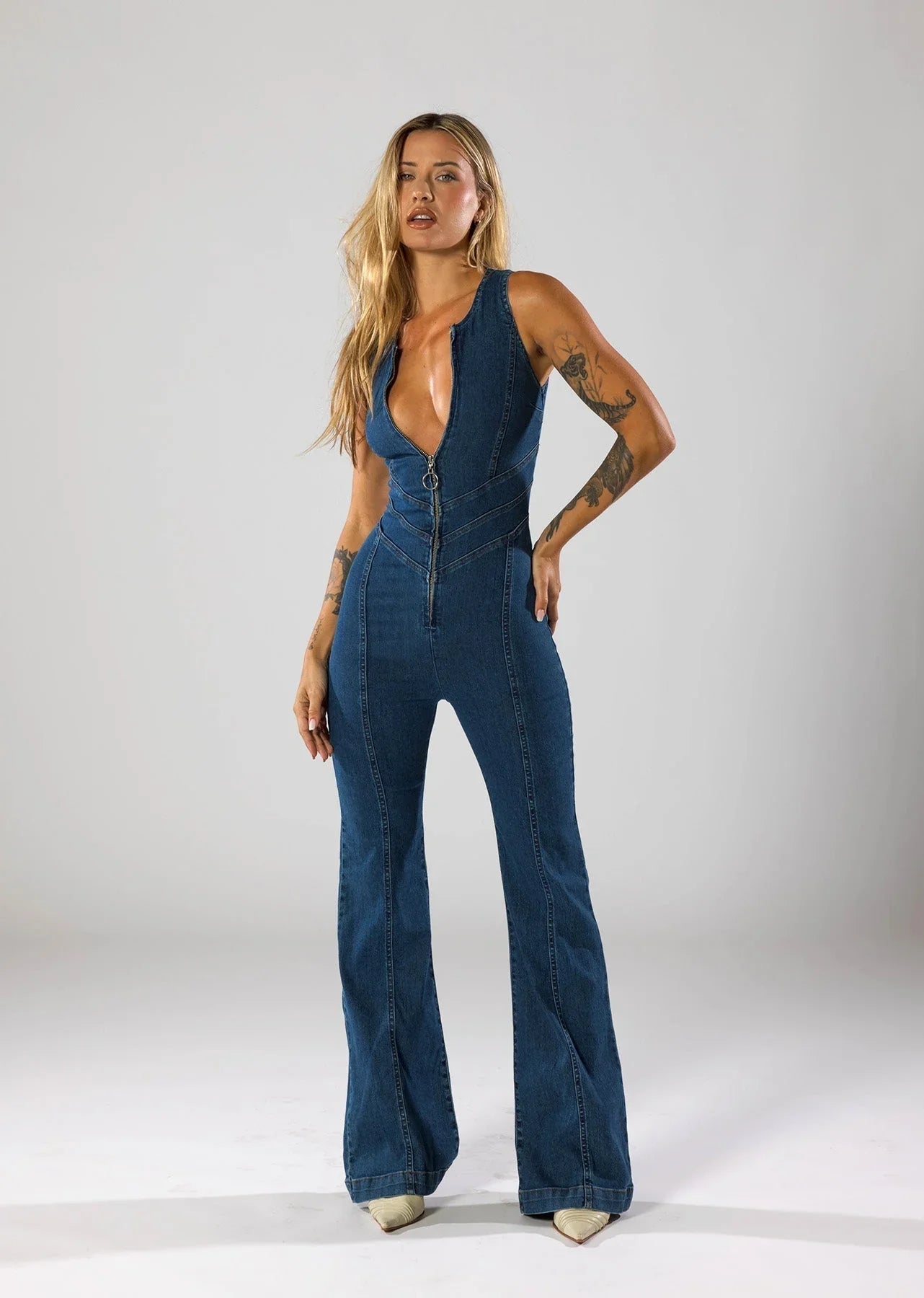 Plunge Neck Denim Jumpsuit