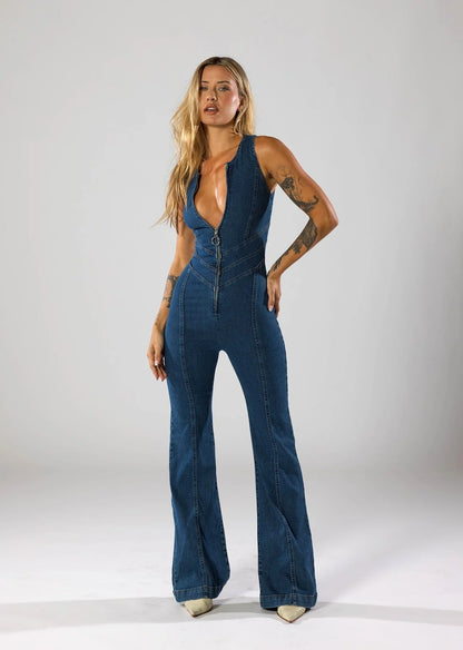 Plunge Neck Denim Jumpsuit