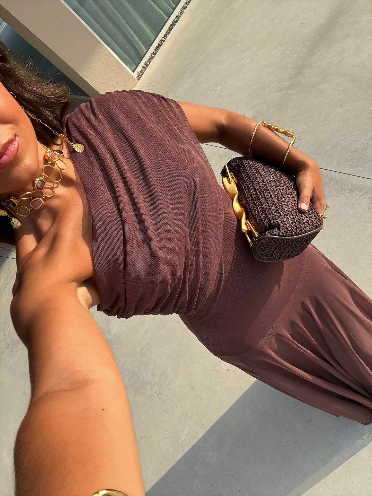 MESH MAXI DRESS BROWN