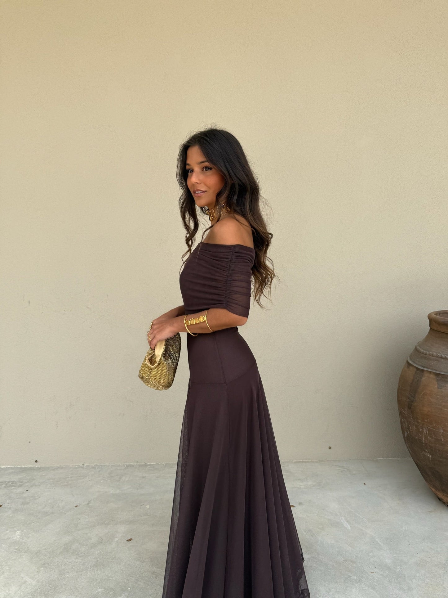 MESH MAXI DRESS BROWN