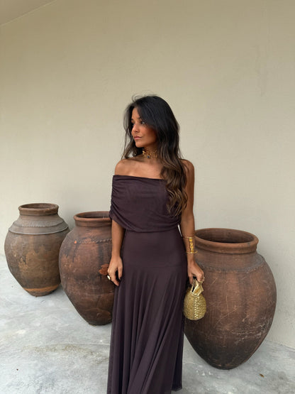 MESH MAXI DRESS BROWN
