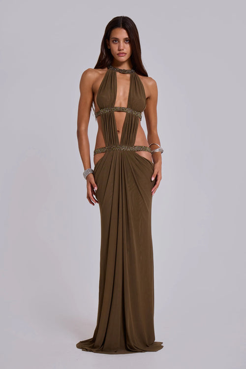 Khaki Crystal Maxi Dress