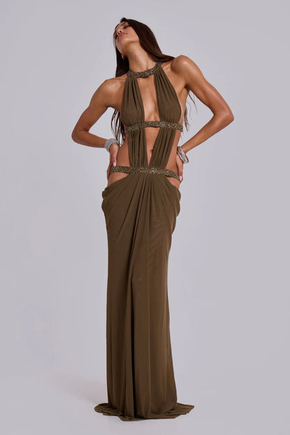 Khaki Crystal Maxi Dress
